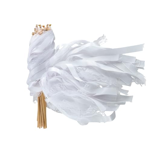 Trutob 30 Pcs Wedding Wand White Ribbon Sticks Wedding Streamers Lace Ribbon Streamers Wedding Exit Items Send Off Wands Props Sticks with Bells for Wedding Party Celebration Favors