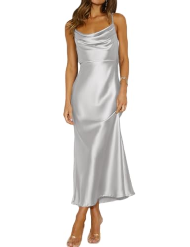 Mogidol Summer Satin Spaghetti Strap Cowl Neck Backless Midi Dresses for Women Elegant Tie Low Back Ruched Cocktail Dress Silver