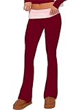 Womens Fold Over Yoga Pants Lounge Flare Leg Boot Cut Skinny Leggings Wine and Pink XS