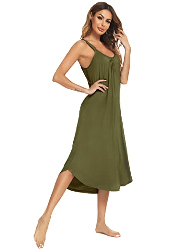 Roojaa Womens Sleeveless Long Nightgown Wide Strap Chemise Summer Loose Sleepshirt Army Green #TOP4