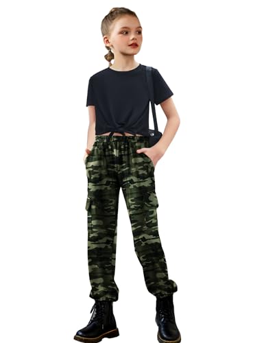Image of Arshiner Girls 2 Piece Outfits Short Sleeve Tie Knot Front Tee Tops and Cargo Jogger Pants Set Kids Clothing Sets