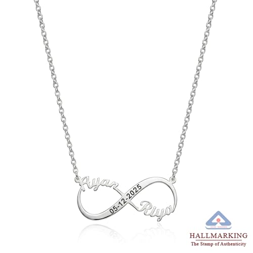 Image of TRUESILVER ACPL Personalised 925 Sterling Silver Name Necklace for Women | Customized Infinity Couple Name With Date Pendant for Girls | Custom Jewellery Gift for Wife, Anniversary
