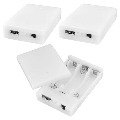 HONSNKS 3Pcs 3 AA Battery Holder with USB Port, 4.5-5V(3 x 1.5V) AA Battery Case Box with On/Off Switch & Cover for LED Strip Lights, Fairy Lights, Christmas Decoration (White)