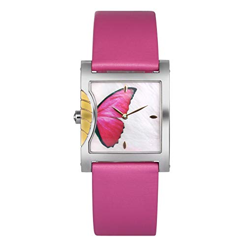 TIME100 Quartz Watch for Women Butterfly Dial Leather Band Stainless Steel Watch (Pink)