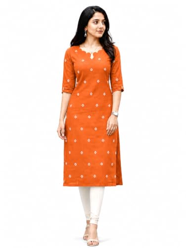 Maruti Fab Women Cotton Block Printed Straight Kurti Orange