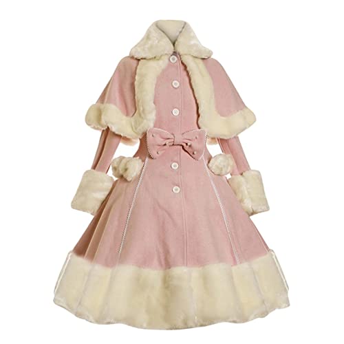 Women 1950s Gothic Princess Dress,Medieval Vintage Sweet Lolita Costume Overcoat Fuzzy Thick Cape Jackets Dress Pink