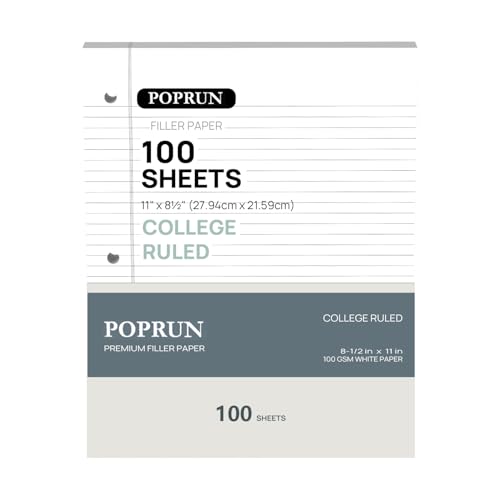 POPRUN Loose Leaf Paper, 8.5' x11' College Ruled, 100GSM / Grade AA Bulk Lined Filler Sheets, 3 Hole...