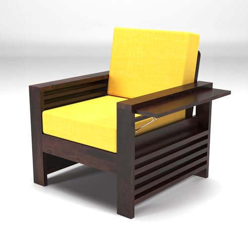 Image of KINGS HOME FURNITURE Sheesham Wooden 1 Seater Sofa for Living Room | Rosewood 1 Seater Cushion Sofa with Side Teapoy for Home & Office | Solid Wood Sofa Set for Lounge (Honey,Beige,1 Seater)