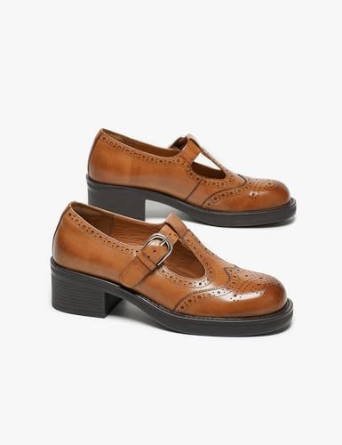Image of BEAU TODAY Oxford Shoes for Women, Mary Jane Shoes for Women T Strap Leather Wingtip Brogue, Chunky Heel Comfortable Non Slip Dress Work Shoes