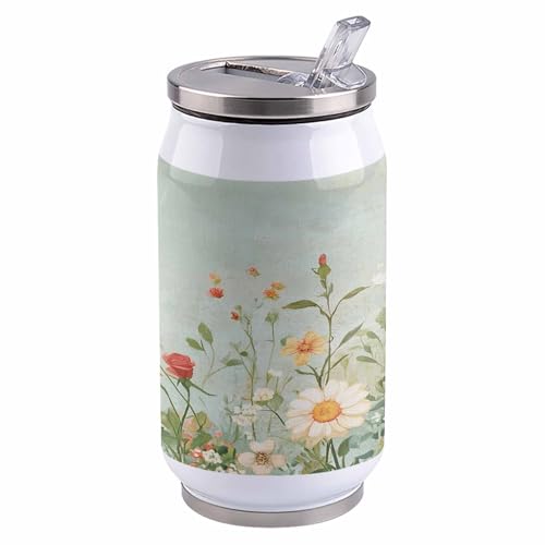 コーラカップ 油絵 花 葉 緑 タンブラー ストローカップ 蓋付き ステンレス 魔法瓶 水筒 ボトル 車用 自宅用 携帯便利 直飲み 真空 保冷 保温 漏れ防止 通勤 贈り物 400ml