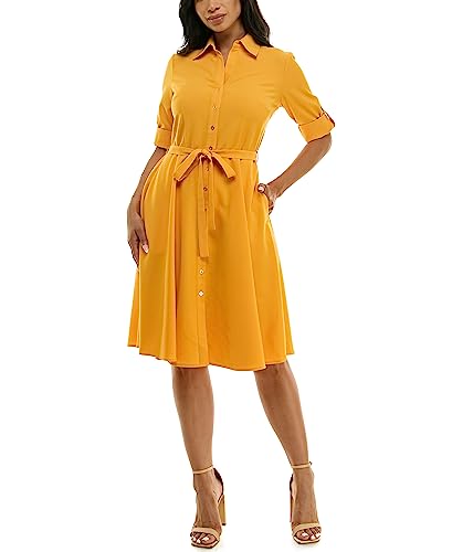 Image of Sharagano Women's Pleated Shirt Dress - 3 /4 Sleeve, V-Neck, Gold Buttons