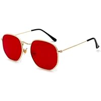JCTAIFOO Mode Polygon Sonnenbrille für Herren und Damen Leichter Sechseckiger Metallrahmen UV400 Schutz Brille Gold/Rot