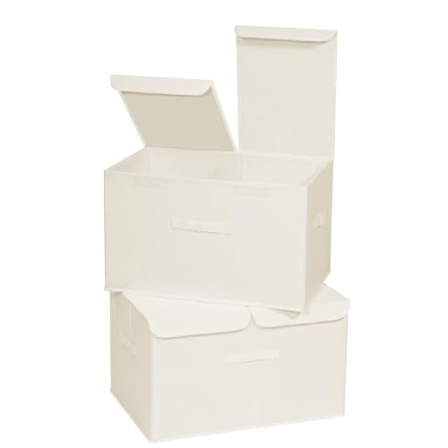 Image of 2 Pack Large Storage Boxes with Lids and Handles, Collapsible Linen Storage Bins Organizer Containers Baskets Cube with Removable Divider for Home Bedroom Closet Office (Cream, XL)