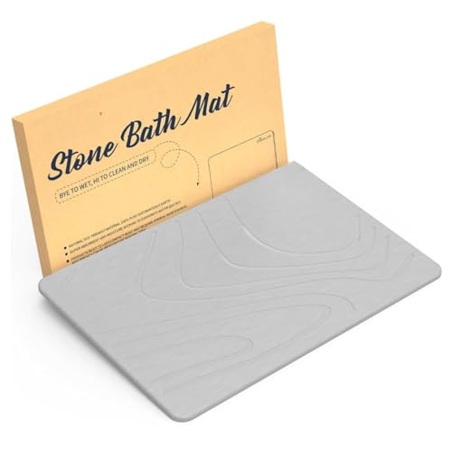 SUTERA Stone Bath Mat, Diatomaceous Earth Shower Rectangular Shape Mat, Non-Slip Super Absorbent Quick Drying Bathroom Floor Mat, Natural, Easy to Clean (Light Grey Wave)