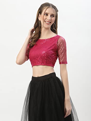 Image of studio rasa Women's Net Sequin Embroidered Sheer Sleeves Readymade Saree Blouse for Wedding Festive Party