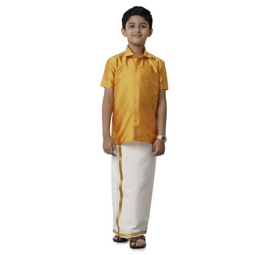 Image of RAMRAJ COTTON Boys Silk Cotton Shirt With Adjustable Cream Dhoti Perfect For Ceremonies| Festivals| And Special Occasions