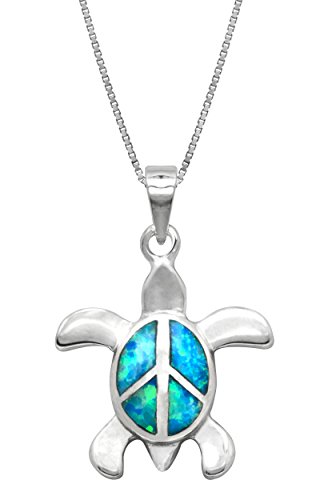 Honolulu Jewelry Company Sterling Silver Turtle Necklace Pendant Peace Sign with Simulated Blue Opal and 18 Box Chain Honolulu Jewelry Company Sterling Silver Turtle Necklace Pendant Peace Sign with Simulated Blue Opal and 18" Box Chain