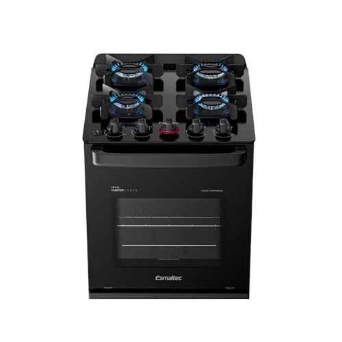 Fogão Esmaltec 4 Bocas Ideal Master Glass Mesa de Vidro Forno 50 Litros Preto T4VFP Bivolt