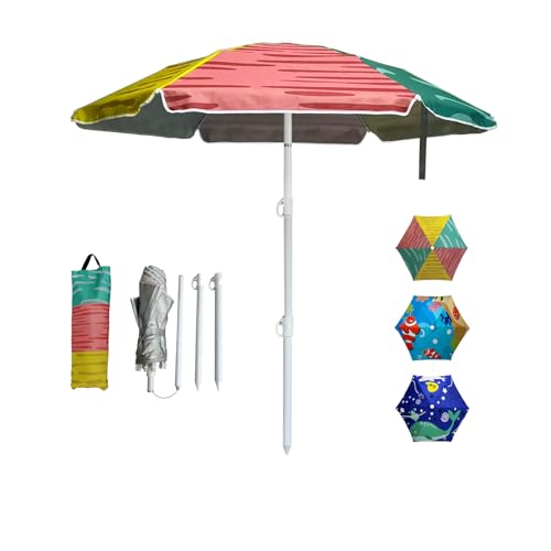 LOTTAFUN 5ft Beach Umbrella Diameter 0.99-1.2 Inch Pole Resistant UV 50+ Portable Sun Shade with Sand Anchor & Carry Bag Outdoor Folding Umbrella for Beach Pool Patio Garden (3 Color Block) NO Tilt The sand needs to be over 5 inches above the bottom