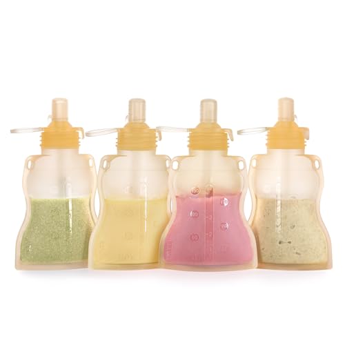 Image of haakaa Baby Food Pouch Refillable Baby Squeeze Silicone Yummy Pouch, Soft Reusable Squeeze Storage Food Pouch for Kids Toddler,Home Made Food Puree,Smoothie Pouch Bag, 4oz, 4 Pack,6m+ (Yellow)