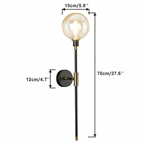 Image of KCO Lighting 1-Light Sconces Wall Light Gold Black Modern Wall Mounted Sconce Globe Glass Shade Wall Lamp with Long Arm for Bedroom Hallway (Amber,2 Pack)