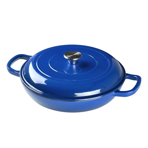 Warmiehomy Enamelled Cast Iron Pot with Lid,Blue 3.2L Non-stick Shallow Dutch Oven,Ovenproof Casserole Pot Cooking Stockpot for Induction and Oven Safe,30cm