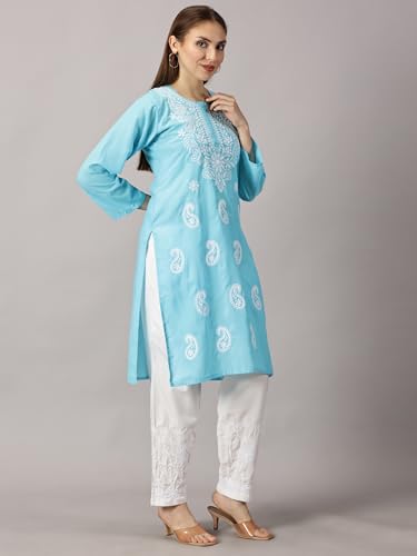 Image of FCH, Fashionable Chikan Handikraft Women's Cotton Lucknowi Chikankari Printed Straight Kurta for Regular Wear Girls Flared Kurta