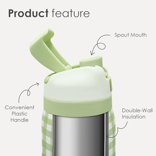 Image of Gingham Pattern Insulated Stainless Steel Water Bottle with Straw, Push-Button Lid, 32 Ounce, Gifts for Women Girls Friends Teens Birthday Christmas (Green)