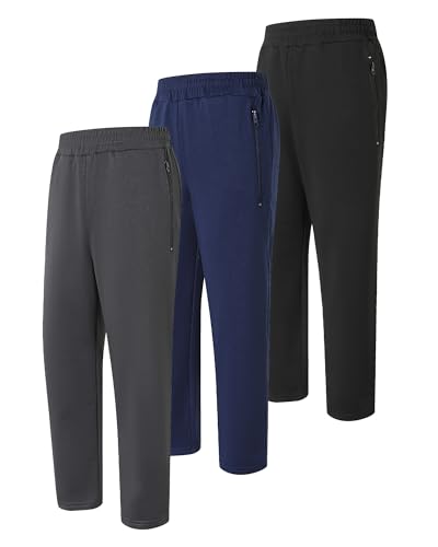 3 Pack Boys Open Bottom Track Pants with Zipper Pockets and Drawstring for Kids Everyday Wear and Sports