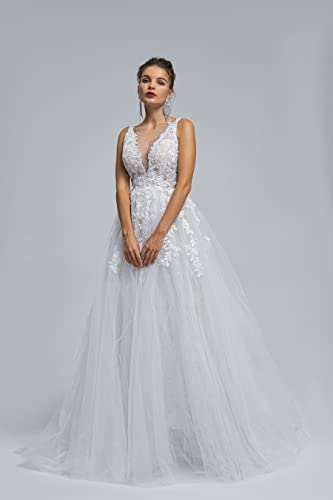 Image of Spaghetti Chiffon Beach Wedding Dress V Neck A line Bridal Gowns Lace Plus Size Wedding Dress