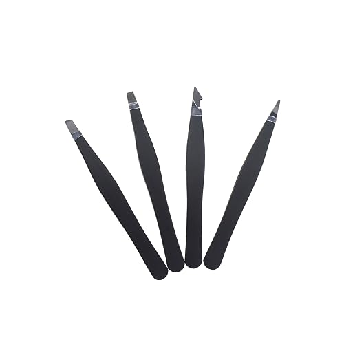 FOMIYES 4pcs Professional Eyebrow Tweezers Stainless Tools with Slant Flat and Pointed Tips for Eyebrow Shaping and Ingrown Hair Removal Portable Storage Bag Included Black