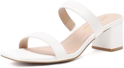 Athlefit Women's Two Strap Open Toe Heels Sandals Chunky Block Comfortable Slip On Low Heel Dress Shoes
