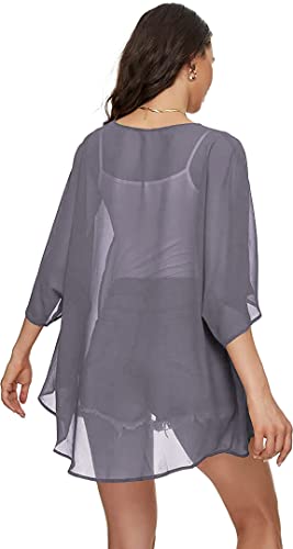 Image of Indian Trendy Women's Solid Puff Sleeve Kimono Cardigan Loose Cover Up Casual Blouse Top Chiffon
