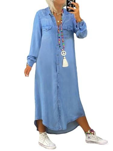 Agiyenna Damen Casual Loose Jeanskleid Einfarbig Langarm Maxikleid Leicht Elegant V-Ausschnitt Blusenkleider Tunika A-Linie Freizeitkleid mit Taschen...