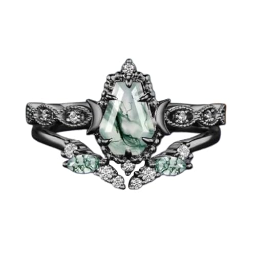 1-4 CT Black Gold Moss Agate Ring Set for Women, 10K 14K 18K Gold/925 sterling Silver Nature Inspired Agate Ring Unique Leaf Bridal Wedding Ring Sets Gift for Bride Wife Mom