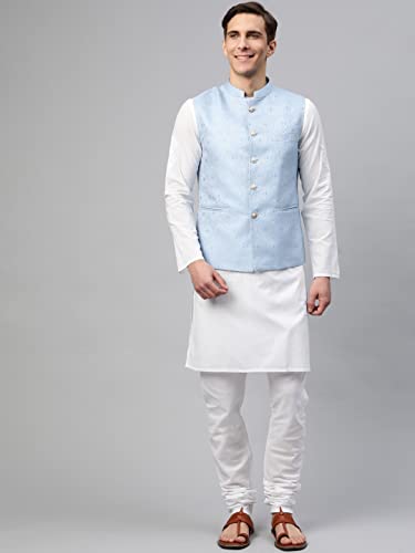 Image of MANQ Men's Sky Blue Woven Jaquard Silk Nehru Jacket