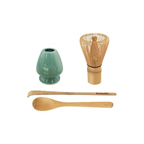 BambooMN Brand - Matcha Green Tea Whisk Set - Whisk + Scoop + Tea Spoon + Green Whisk Holder Cover