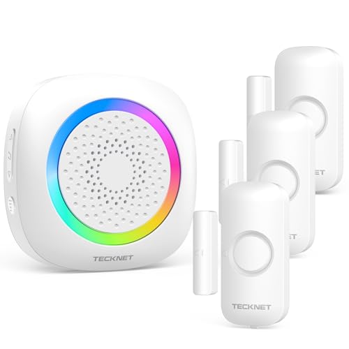 TECKNET Wireless Door Open Sensor Alarm Chime, 1000ft Operating Range 60 Chimes Volume with Mute Mode RGB Indicators 1 Plug-in Receiver and 3 Magnetic Door Alarm Sensor for Home Store Office-White