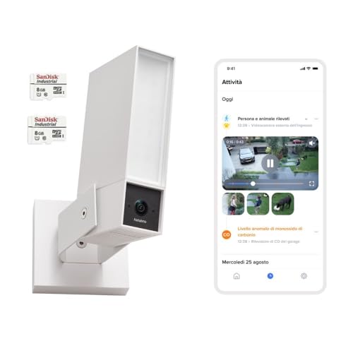 Netatmo Videocamera di Sorveglianza Esterna, Wi-Fi 5 GHz, risoluzione 2K HDR, rilevamento intelligente di persone, veicoli e animali, proiettore LED 12 W, sirena 105 dB - Bianca, Modello NOC-2-AMZ