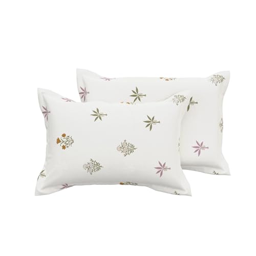 Image of Huesland 210 TC Premium Pure Cotton Bedsheet Queen Size Bed Cotton with 2 Pillow Covers | Palm Meadow | Cream, Pink, Green & Ocre
