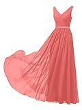 ALICEPUB V-Neck Coral Pink Bridesmaid Dresses for Women Chiffon Long Formal Dress for Wedding Party Evening Sleeveless, Custom Size