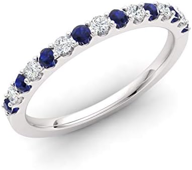Diamondere Natural and Certified Blue Sapphire and Diamond Wedding Ring in 14K White Gold | 0.38 Carat Half Eternity Stackable Band for Women, US Size 5