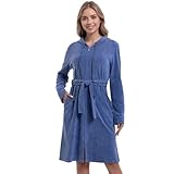 Navisting Women Terry Cloth Zipper Robe with Tie Belt, Zip Up Hooded Bathrobe with Pockets, Cotton Housecoat Loungewear Sleepwear, Faded Denim XL