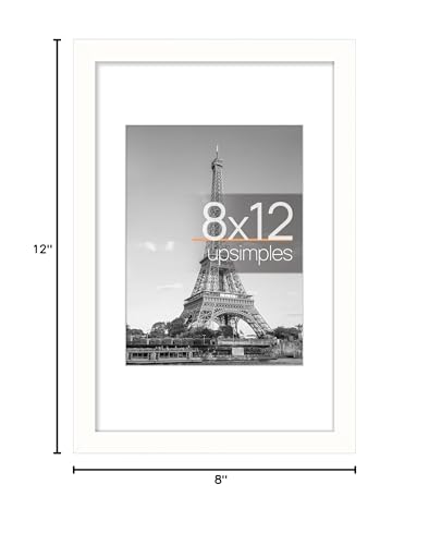 Image of upsimples 8x12 Picture Frame, Display Pictures 6x8 with Mat or 8x12 Without, Wall Hanging Photo Frames, White, 1 Pack