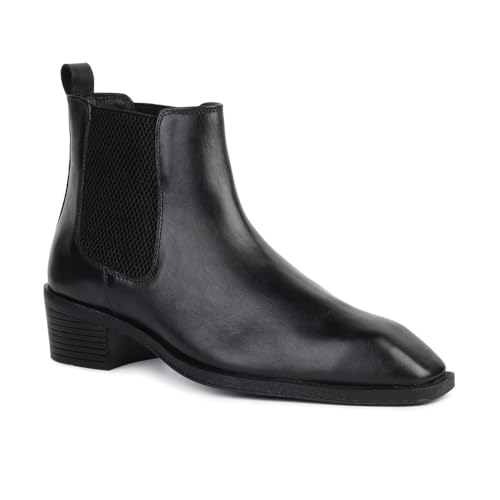 Image of Hayes London Chelsea Boots for Man | Crust Leather Black Ankle Boots | Cuban Heel Pointed Toe Stylish Formal & Casual Boots for Men | Slip-On Elastic Side Panel