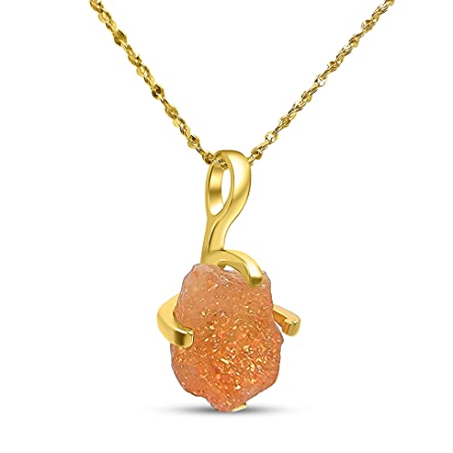 Natural raw sunstone gemstone chain pendant necklace with yellow gold over 925 sterling silver, birthstone dainty solitaire gift for her, uniquelan jewelry (sunstone)
