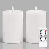 Zevanor Flameless Flickering 4" x6" Real Wax White Remote Candles with Candle Grease, Pack of 2 Timer LED Battery Operated Fake Warm Light Pillar Candles for Home, Banquet, Ceremony Decoration