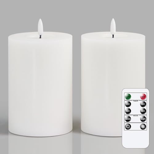 Image of Flameless Flickering 4 inch x6 inch Real Wax White Remote Candles with Candle Grease, Pack of 2 Timer LED Battery Operated Fake Warm Light Pillar Candles for Home, Banquet, Ceremony Decoration