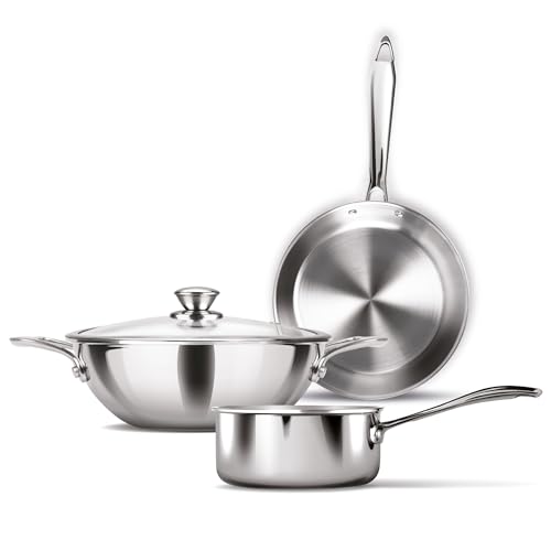 Milton Procook Triply Induction Base Cookware Set of 3 Stainless Steel |Sauce Pan 14 cm, Fry Pan 24 cm, Kadhai 24 cm with Glass Lid, Silver | Dishwash