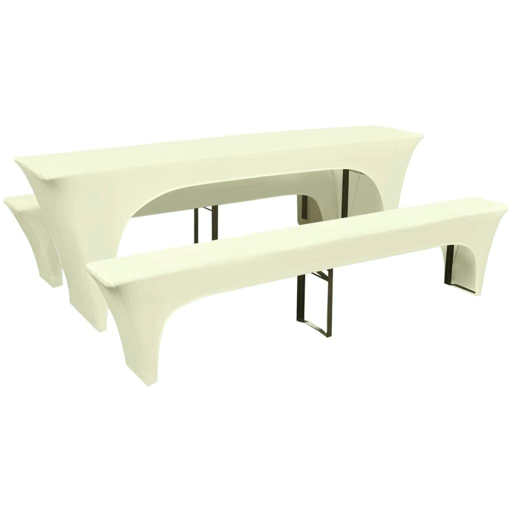Funda para mesa de cerveza elástica crema tres piezas cubre bancos ajustables terraza